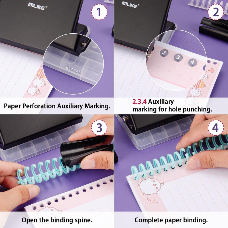 IMLIKE 10-Hole Binding Machine for Planners - Metal Manual Binding System with 10 Multi-Color 30-Hole Loose Leaf Binding Spines - Punches 26 Holes on B5, 30 Holes on A4, 20 Holes on A5 Paper - Black - Image 3